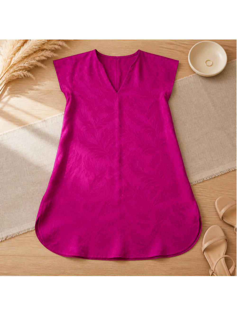 Vintage 90s Magenta Fuchsia Textured Satin Kaftan Slip V-Neck One Size MiniDress